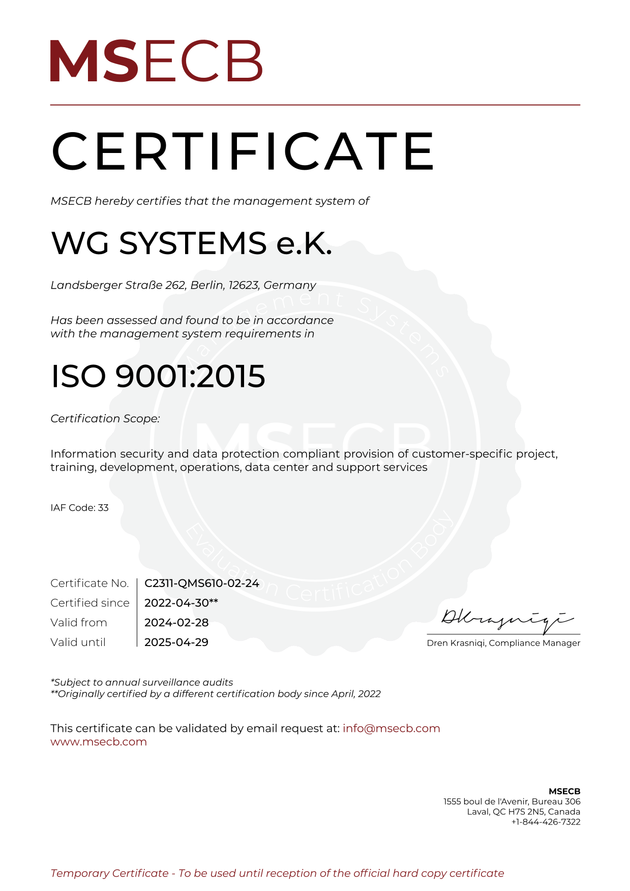 Zertifikat 0028v1 ISO 9001 WG