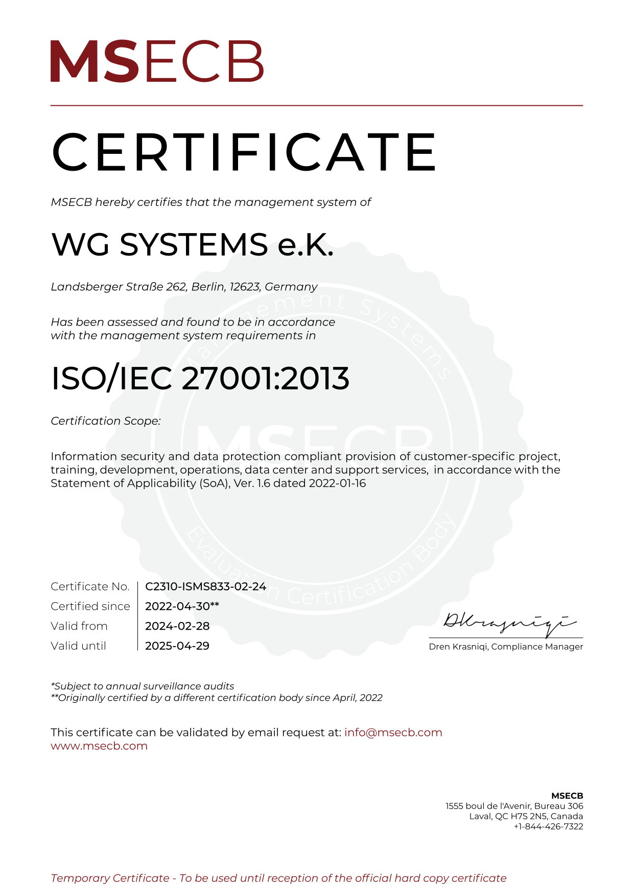 Zertifikat 0029v1 ISO 27001 WG